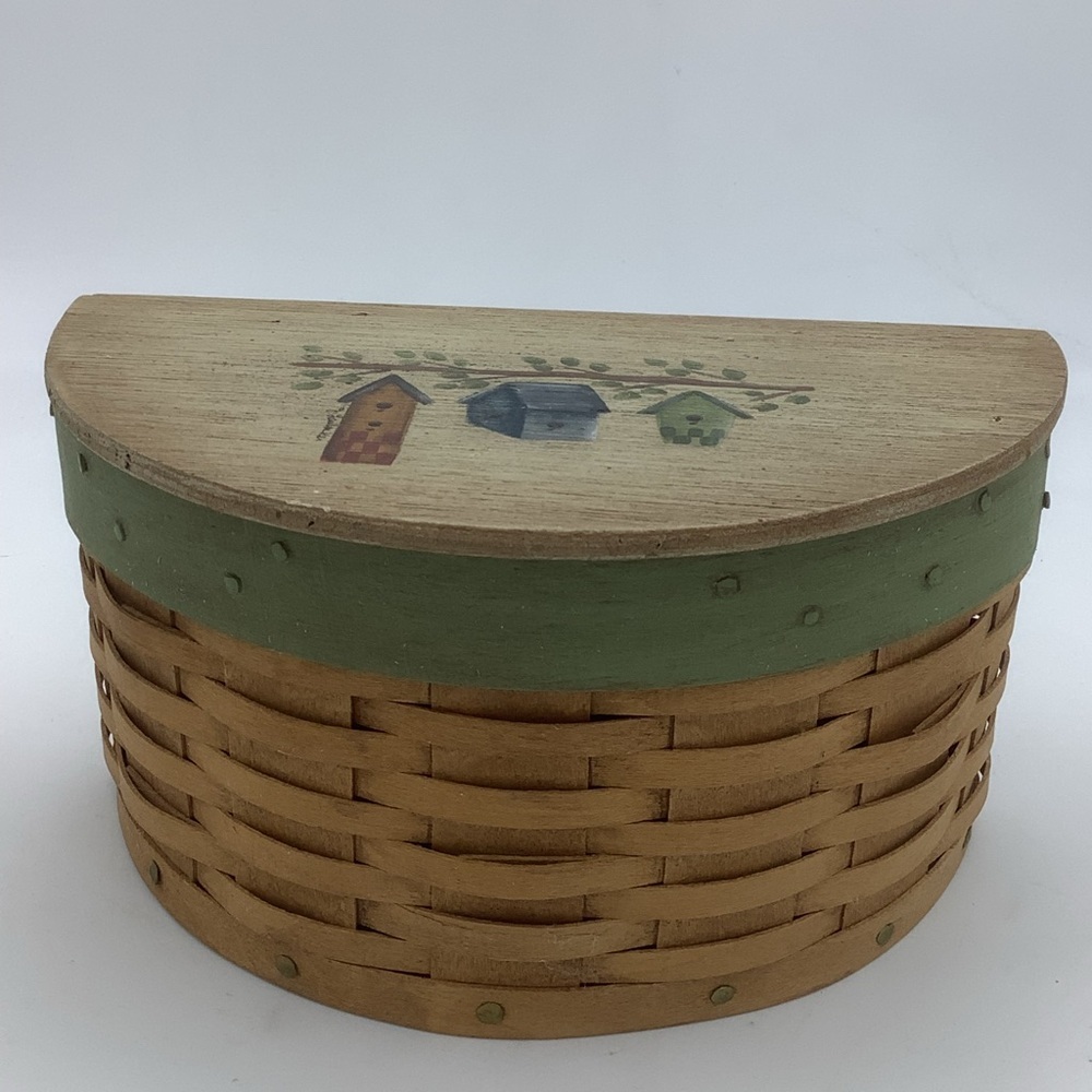 Half Round Lidded Basket with Hand-painted Birdhouse Lid